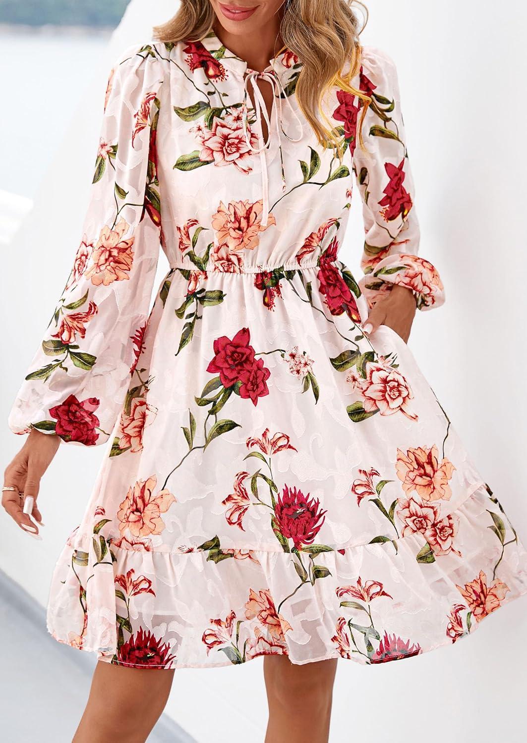 imagePRETTYGARDEN Womens Fall Boho Dresses 2026 Floral Long Sleeve V Neck Mini Flowy Wedding Guest Dress Trendy Vacation OutfitsFloral Pink Multicolored