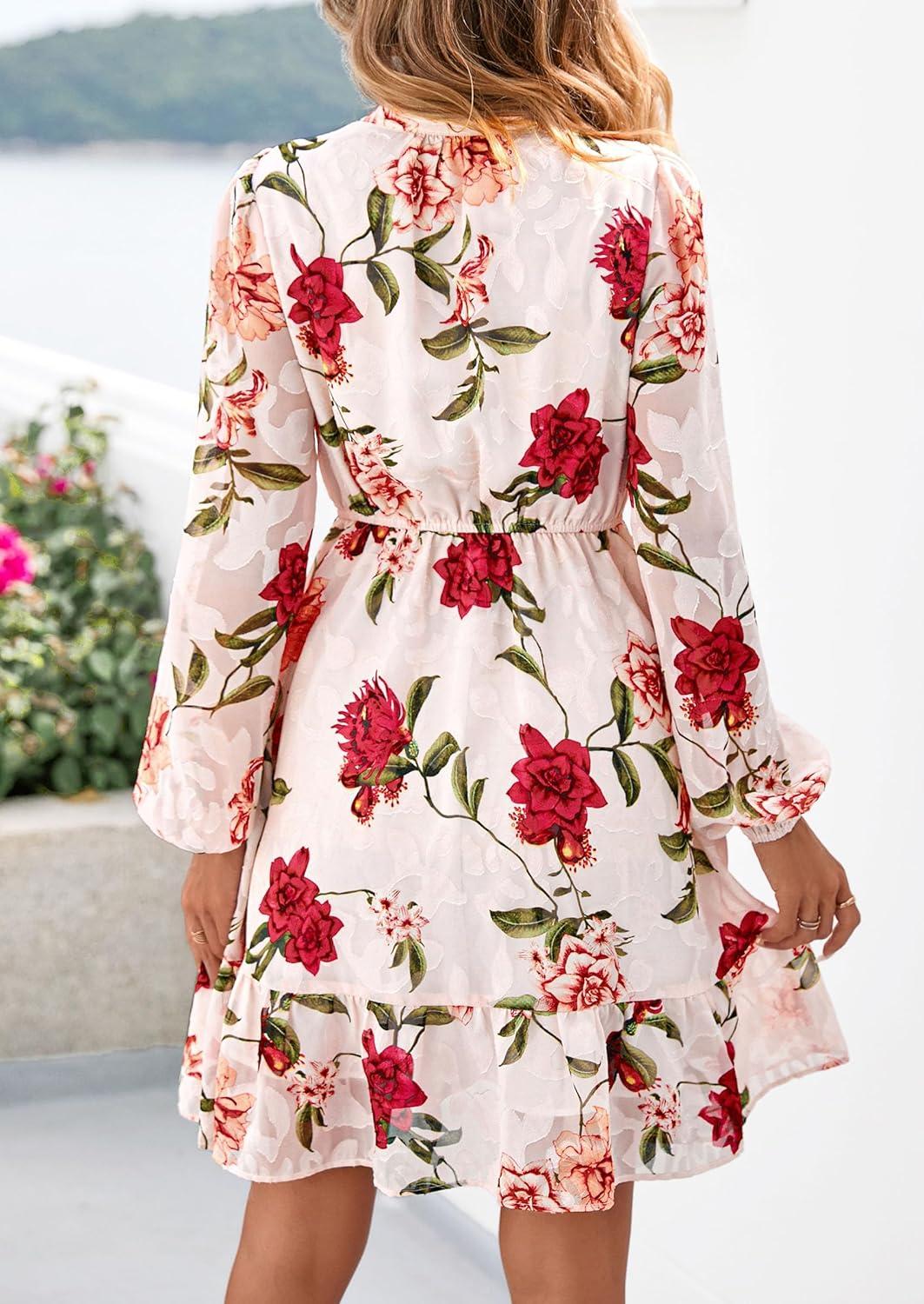 imagePRETTYGARDEN Womens Fall Boho Dresses 2026 Floral Long Sleeve V Neck Mini Flowy Wedding Guest Dress Trendy Vacation OutfitsFloral Pink Multicolored