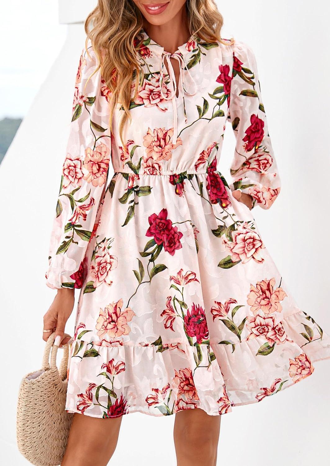 imagePRETTYGARDEN Womens Fall Boho Dresses 2026 Floral Long Sleeve V Neck Mini Flowy Wedding Guest Dress Trendy Vacation OutfitsFloral Pink Multicolored