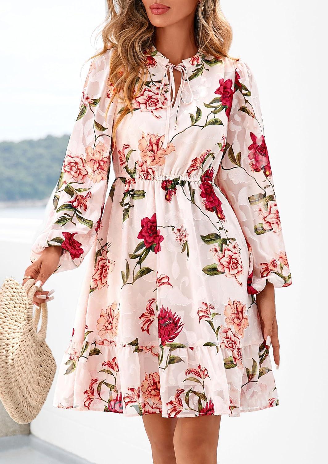 imagePRETTYGARDEN Womens Fall Boho Dresses 2026 Floral Long Sleeve V Neck Mini Flowy Wedding Guest Dress Trendy Vacation OutfitsFloral Pink Multicolored