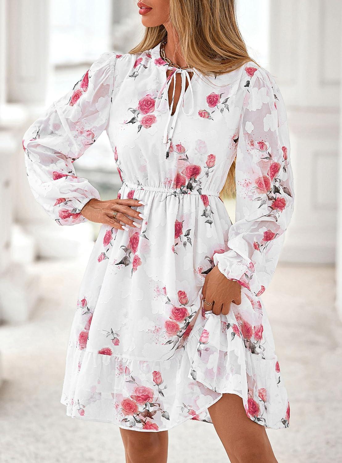 imagePRETTYGARDEN Womens Fall Boho Dresses 2026 Floral Long Sleeve V Neck Mini Flowy Wedding Guest Dress Trendy Vacation OutfitsFloral White Red