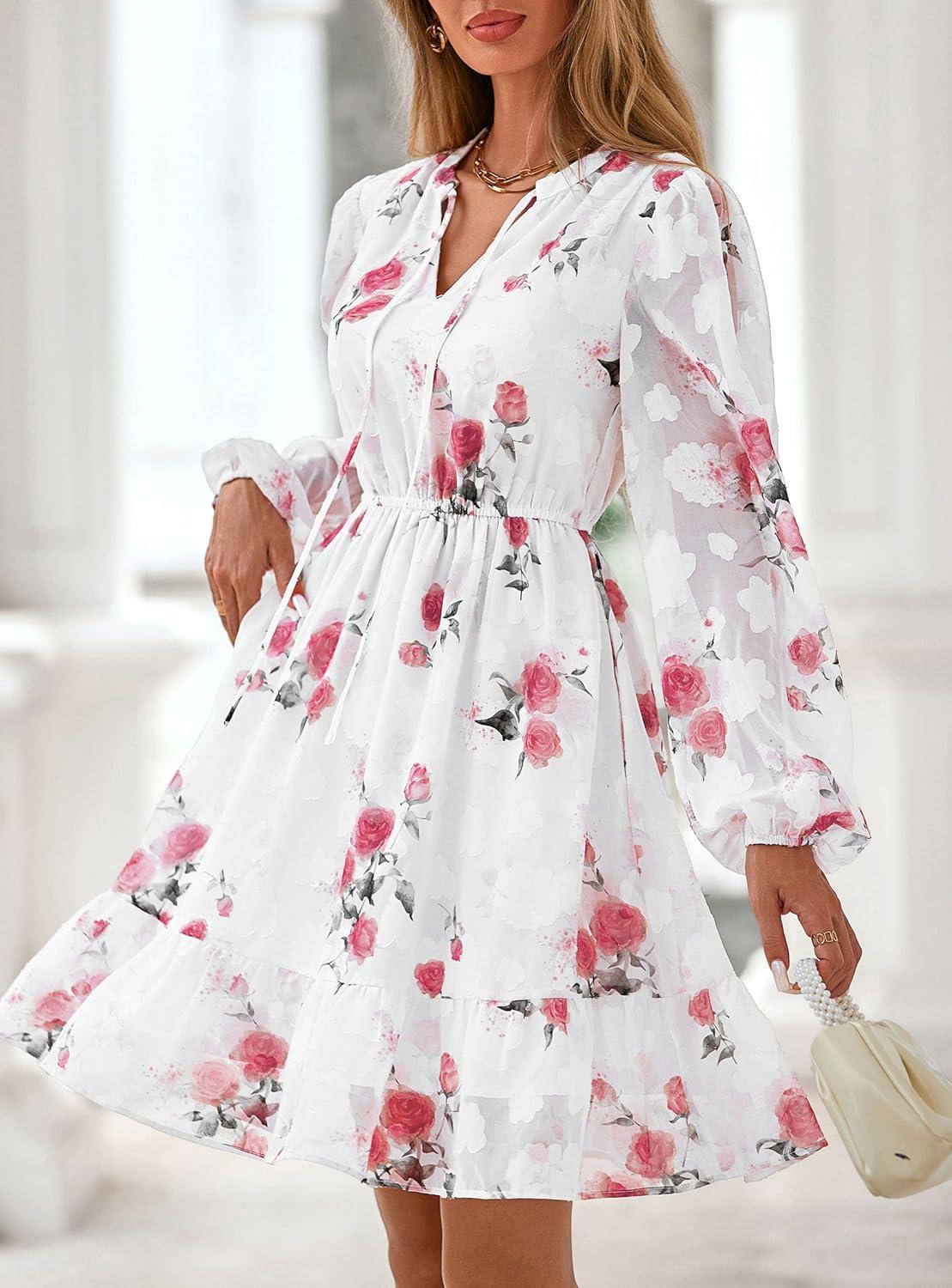 imagePRETTYGARDEN Womens Fall Boho Dresses 2026 Floral Long Sleeve V Neck Mini Flowy Wedding Guest Dress Trendy Vacation OutfitsFloral White Red