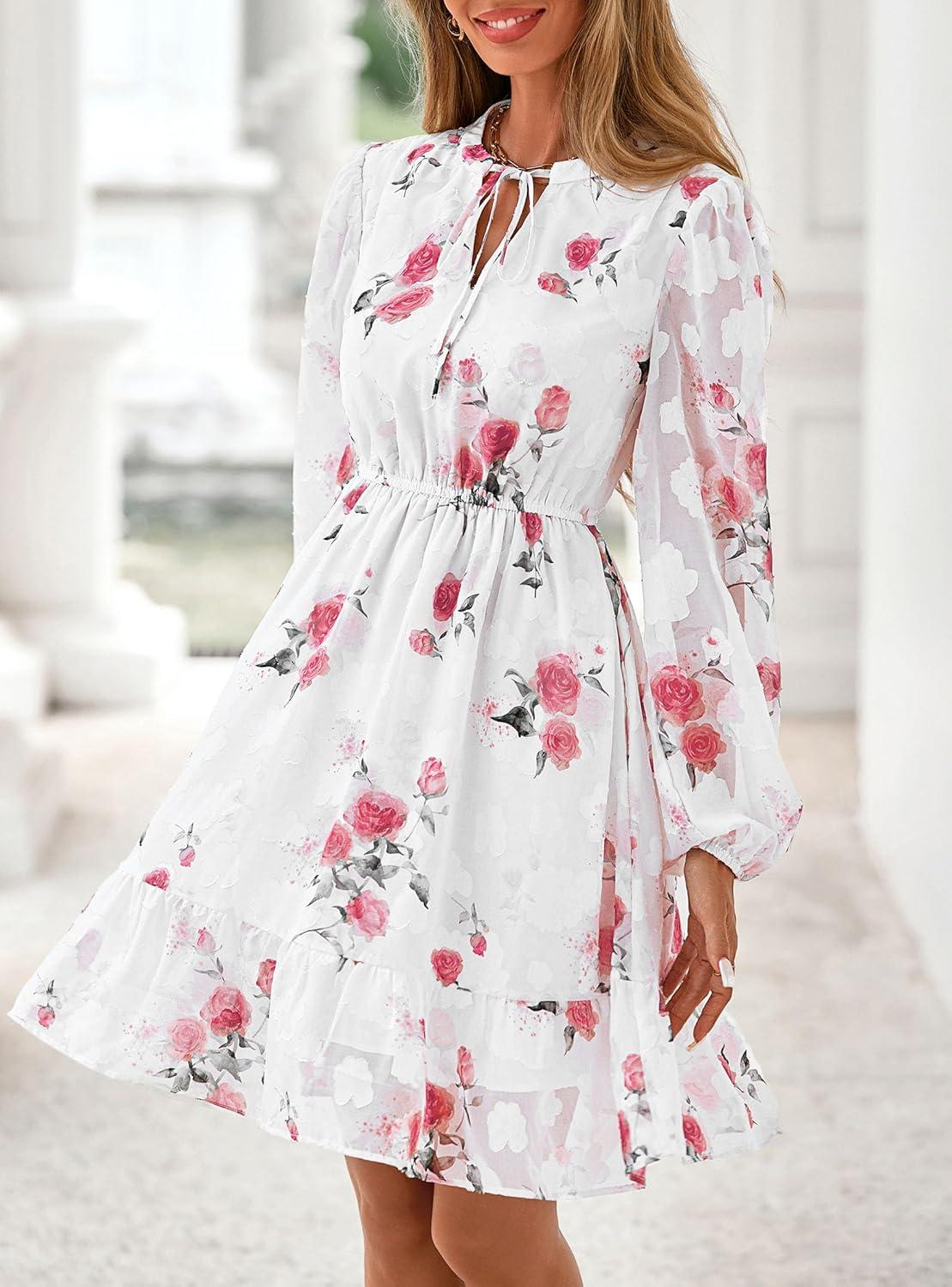 imagePRETTYGARDEN Womens Fall Boho Dresses 2026 Floral Long Sleeve V Neck Mini Flowy Wedding Guest Dress Trendy Vacation OutfitsFloral White Red