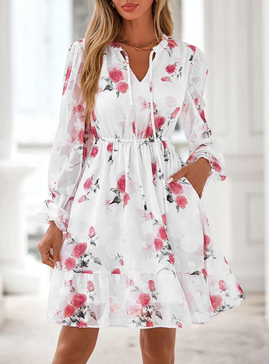 imagePRETTYGARDEN Womens Fall Boho Dresses 2026 Floral Long Sleeve V Neck Mini Flowy Wedding Guest Dress Trendy Vacation OutfitsFloral White Red
