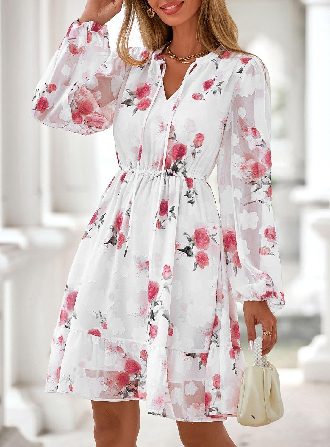 imagePRETTYGARDEN Womens Fall Boho Dresses 2026 Floral Long Sleeve V Neck Mini Flowy Wedding Guest Dress Trendy Vacation OutfitsFloral White Red