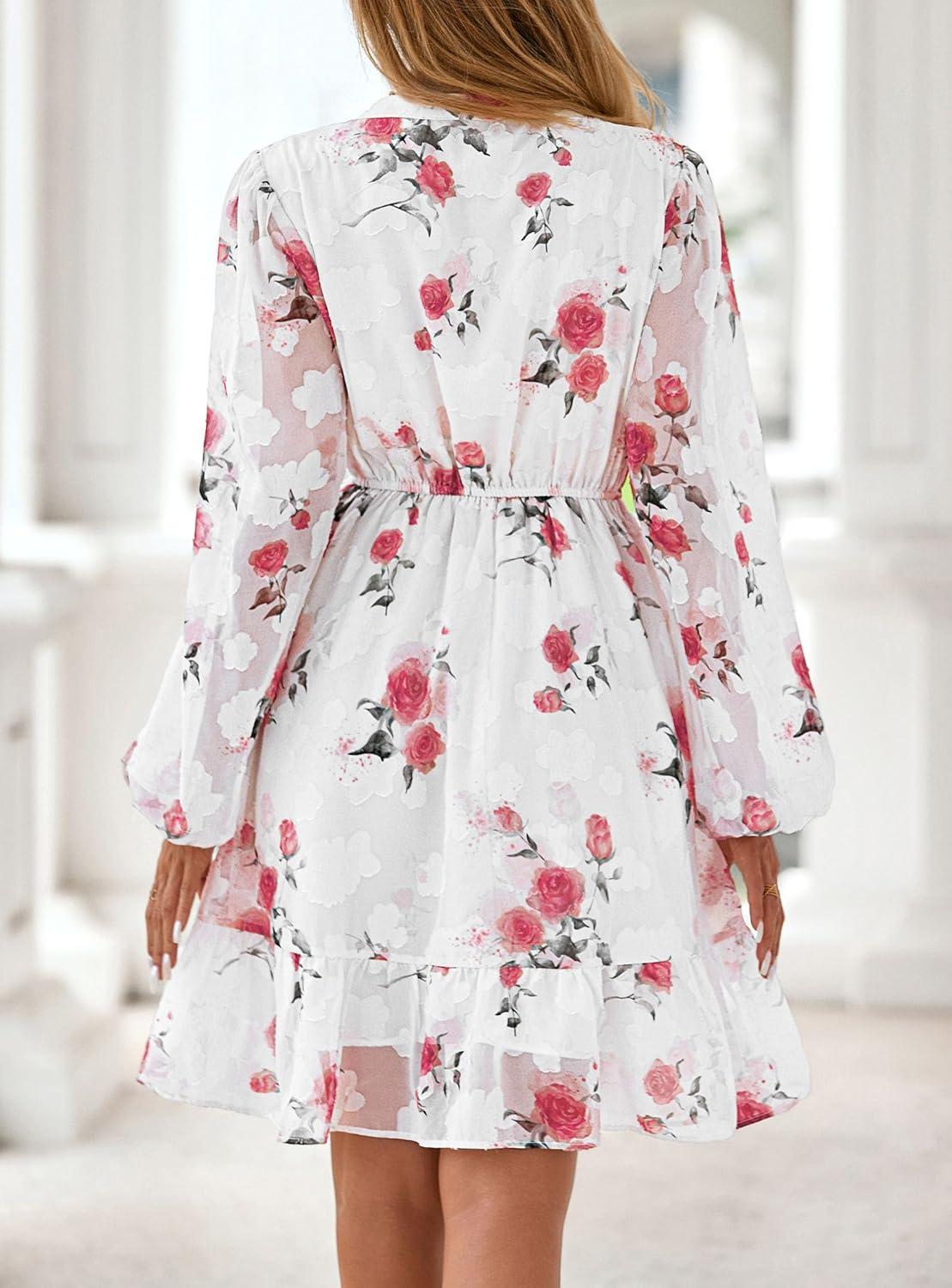 imagePRETTYGARDEN Womens Fall Boho Dresses 2026 Floral Long Sleeve V Neck Mini Flowy Wedding Guest Dress Trendy Vacation OutfitsFloral White Red