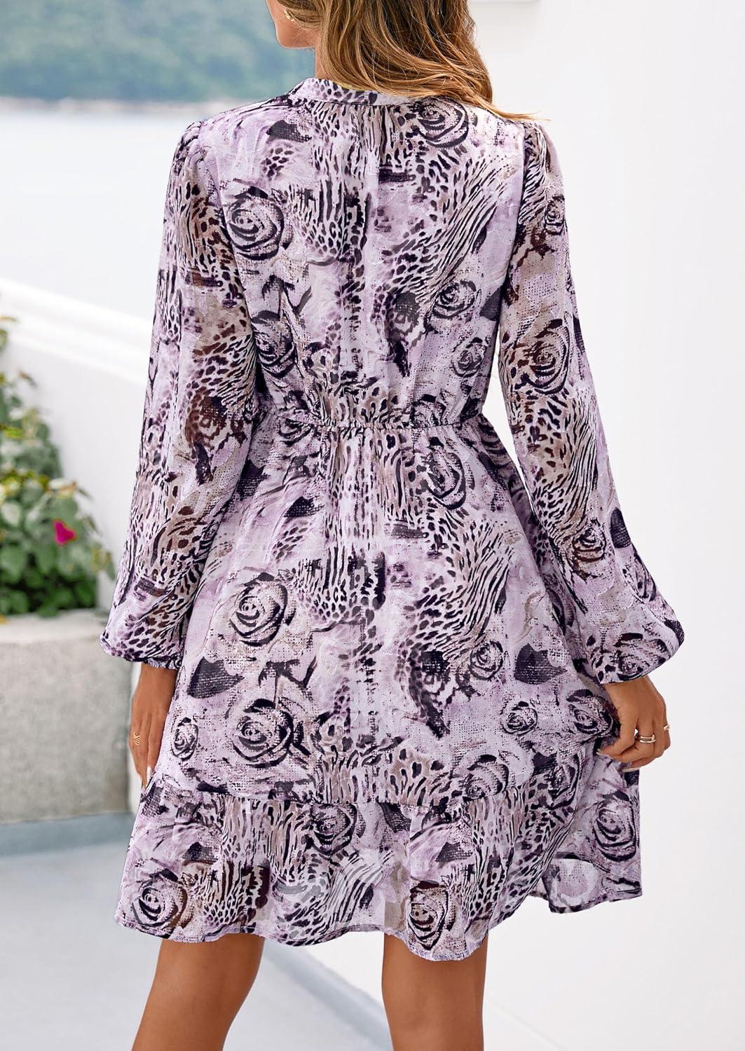 imagePRETTYGARDEN Womens Fall Boho Dresses 2026 Floral Long Sleeve V Neck Mini Flowy Wedding Guest Dress Trendy Vacation OutfitsLeopard Purple Black
