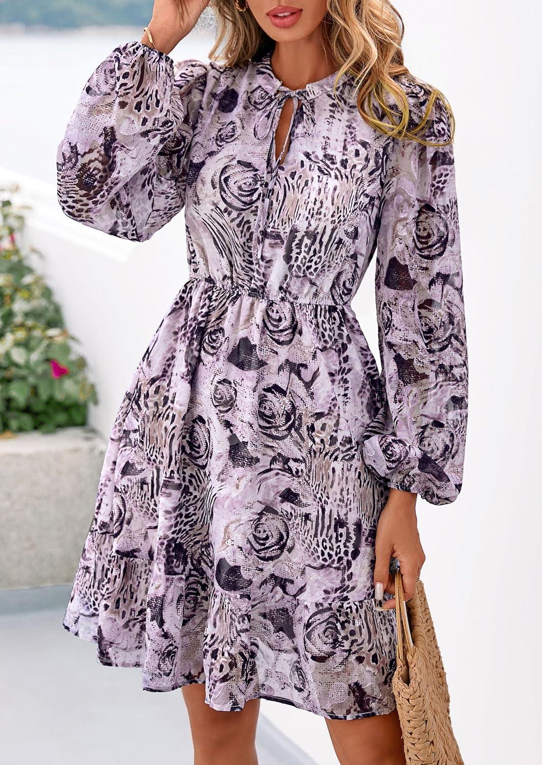 imagePRETTYGARDEN Womens Fall Boho Dresses 2026 Floral Long Sleeve V Neck Mini Flowy Wedding Guest Dress Trendy Vacation OutfitsLeopard Purple Black