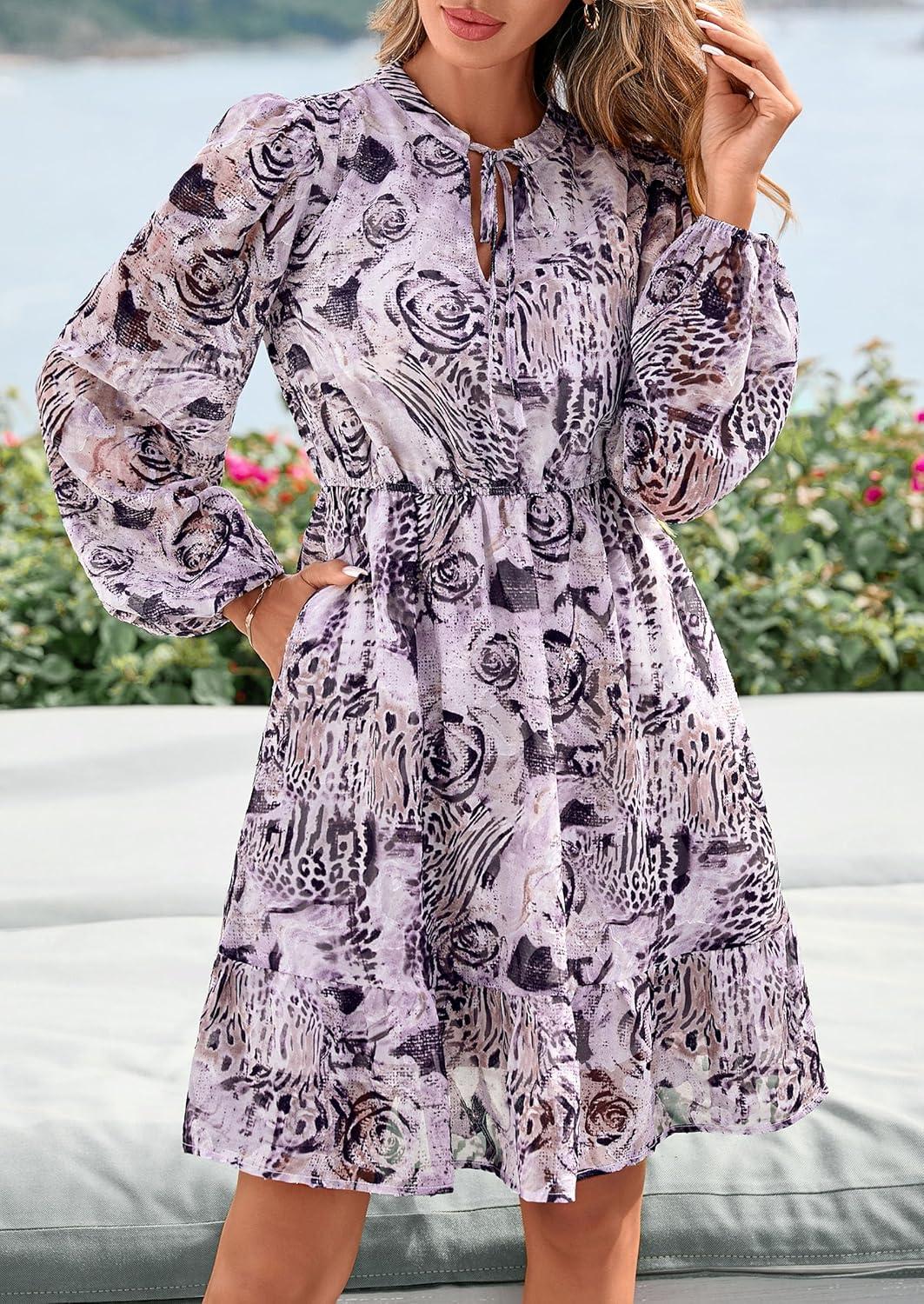 imagePRETTYGARDEN Womens Fall Boho Dresses 2026 Floral Long Sleeve V Neck Mini Flowy Wedding Guest Dress Trendy Vacation OutfitsLeopard Purple Black