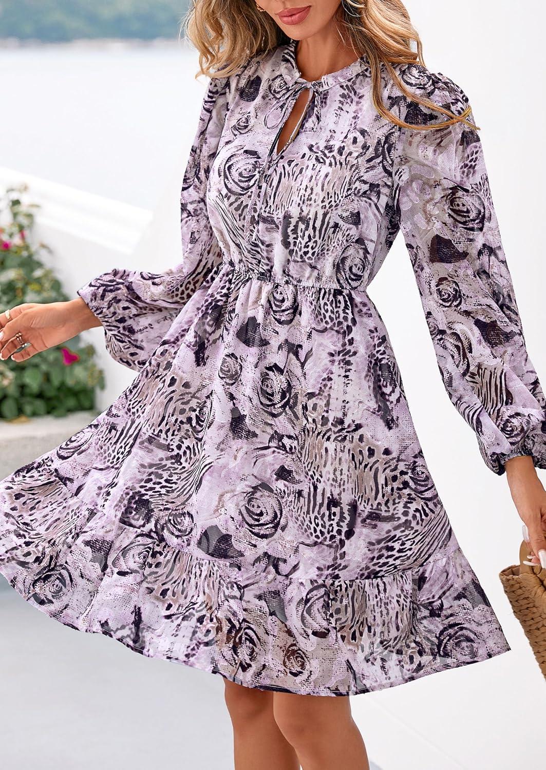 imagePRETTYGARDEN Womens Fall Boho Dresses 2026 Floral Long Sleeve V Neck Mini Flowy Wedding Guest Dress Trendy Vacation OutfitsLeopard Purple Black