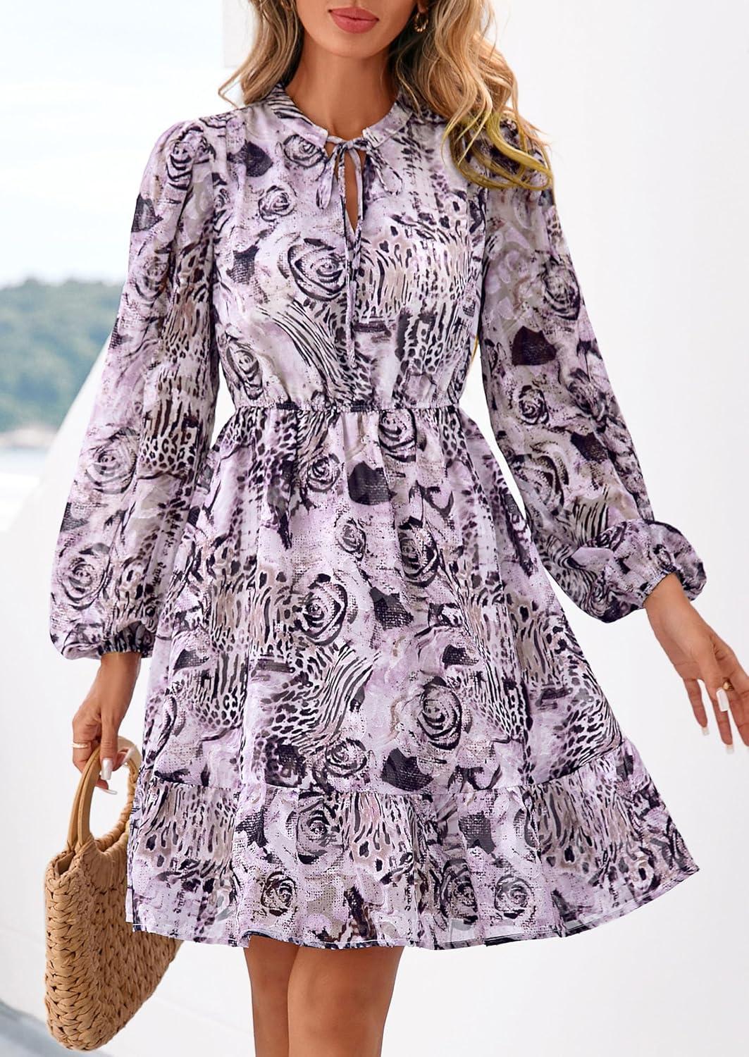 imagePRETTYGARDEN Womens Fall Boho Dresses 2026 Floral Long Sleeve V Neck Mini Flowy Wedding Guest Dress Trendy Vacation OutfitsLeopard Purple Black