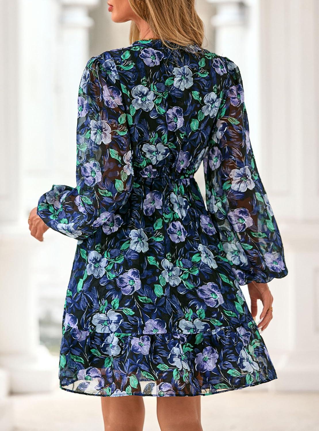 imagePRETTYGARDEN Womens Fall Boho Dresses 2026 Floral Long Sleeve V Neck Mini Flowy Wedding Guest Dress Trendy Vacation OutfitsNavy Blue