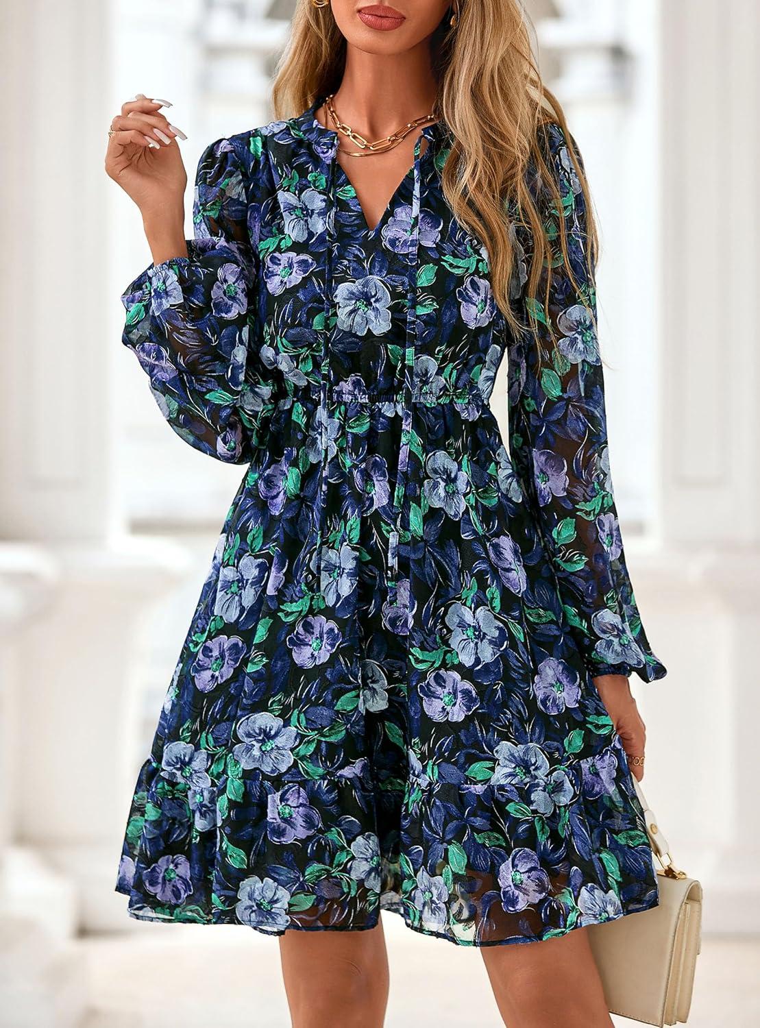 imagePRETTYGARDEN Womens Fall Boho Dresses 2026 Floral Long Sleeve V Neck Mini Flowy Wedding Guest Dress Trendy Vacation OutfitsNavy Blue