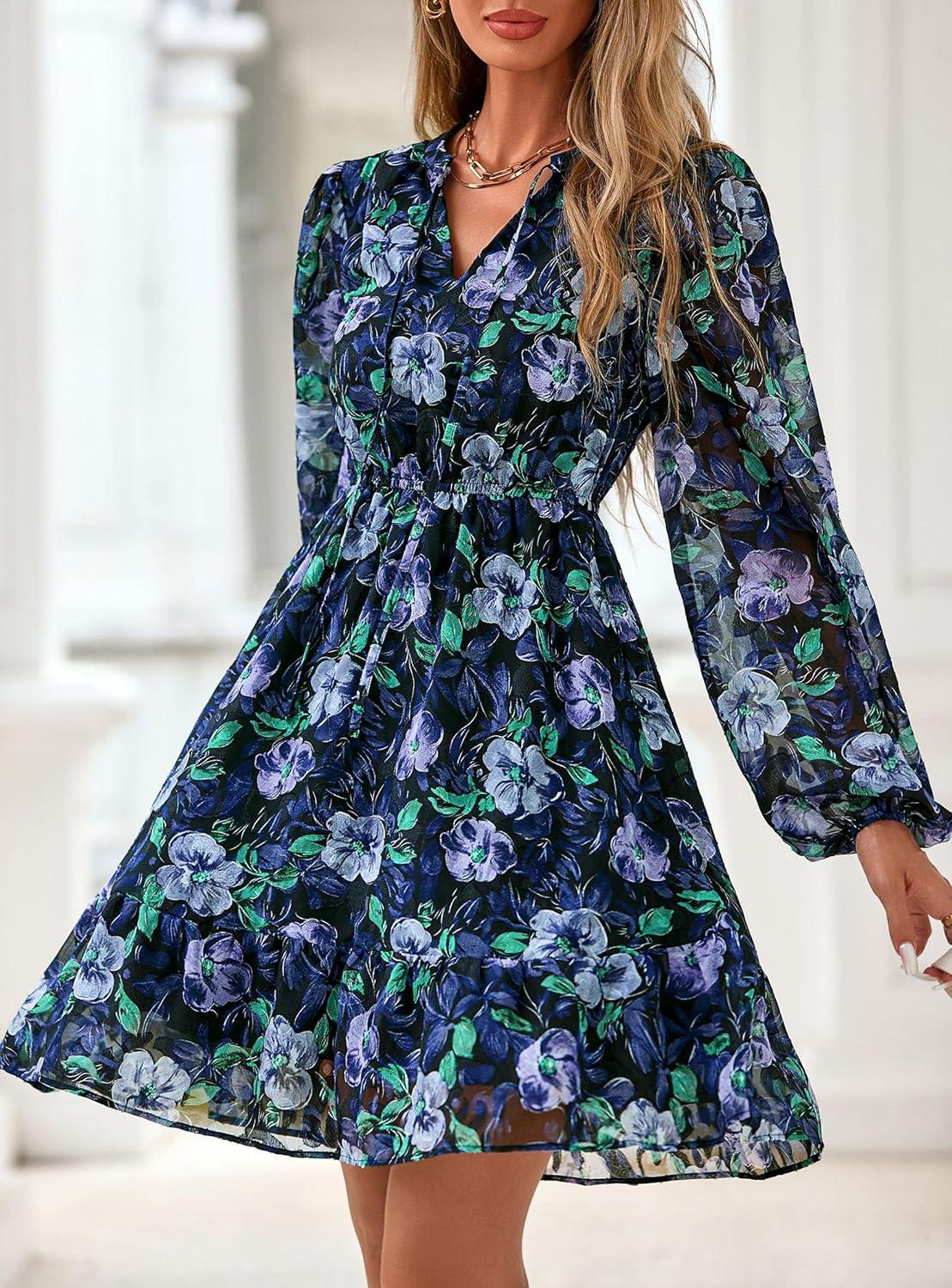 imagePRETTYGARDEN Womens Fall Boho Dresses 2026 Floral Long Sleeve V Neck Mini Flowy Wedding Guest Dress Trendy Vacation OutfitsNavy Blue