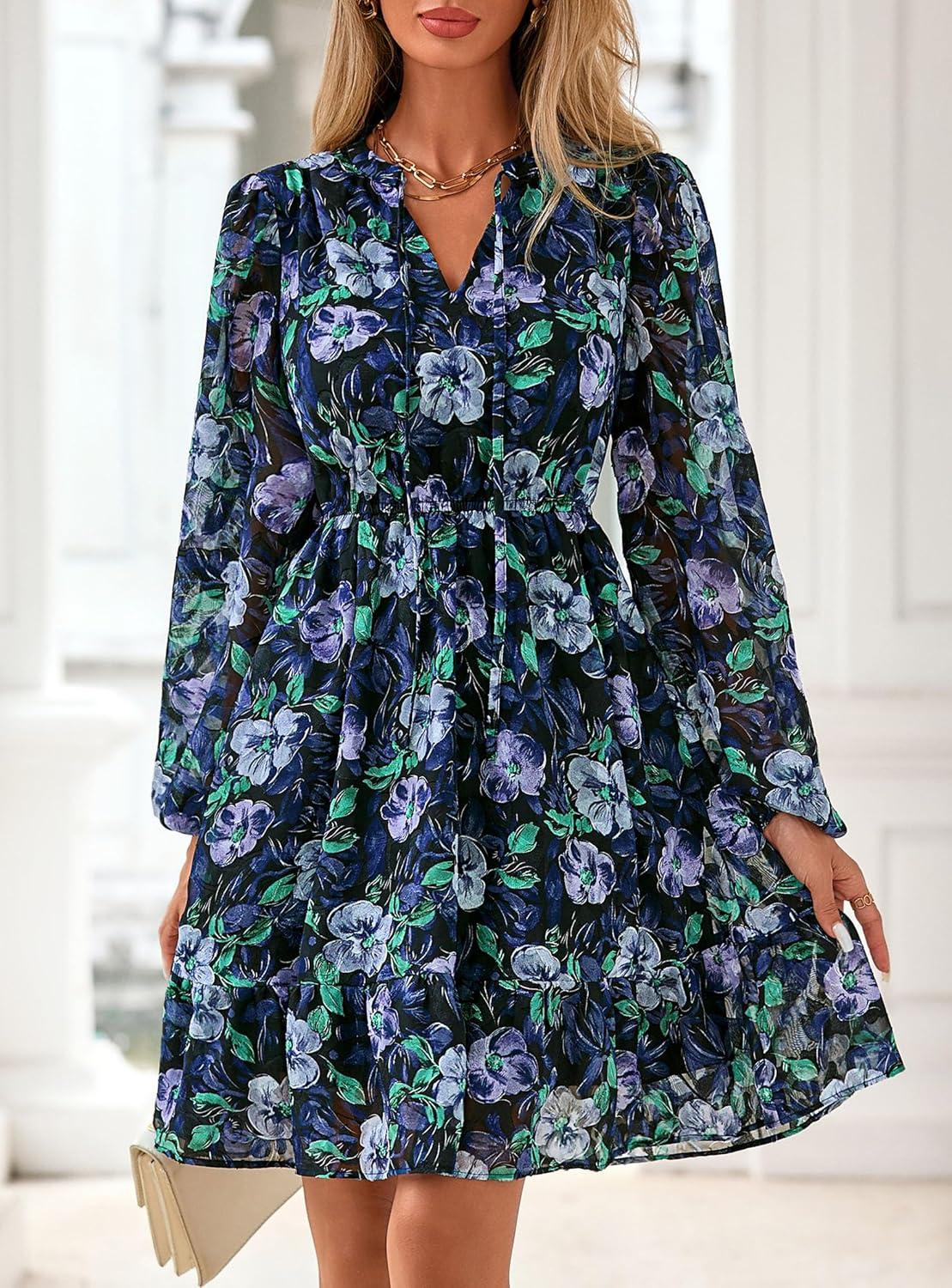 imagePRETTYGARDEN Womens Fall Boho Dresses 2026 Floral Long Sleeve V Neck Mini Flowy Wedding Guest Dress Trendy Vacation OutfitsNavy Blue