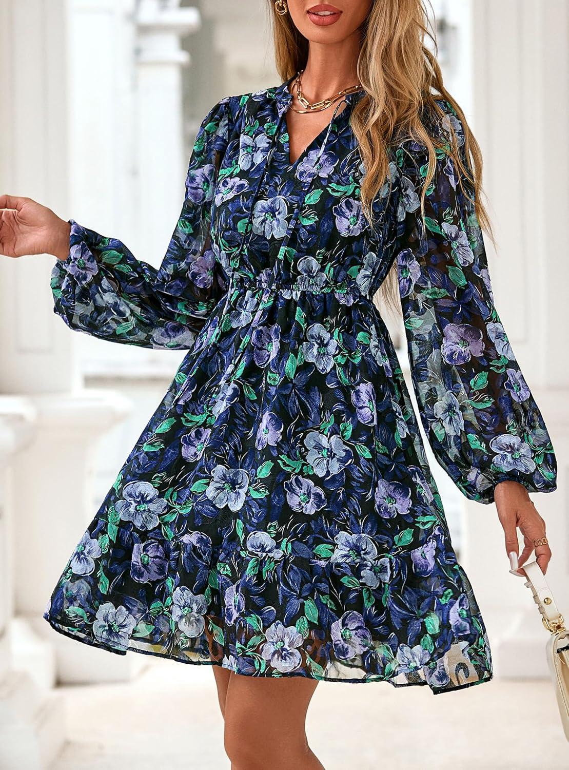 imagePRETTYGARDEN Womens Fall Boho Dresses 2026 Floral Long Sleeve V Neck Mini Flowy Wedding Guest Dress Trendy Vacation OutfitsNavy Blue