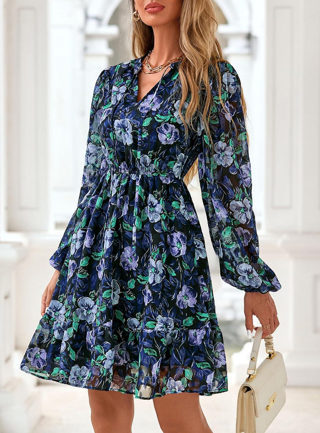 imagePRETTYGARDEN Womens Fall Boho Dresses 2026 Floral Long Sleeve V Neck Mini Flowy Wedding Guest Dress Trendy Vacation OutfitsNavy Blue