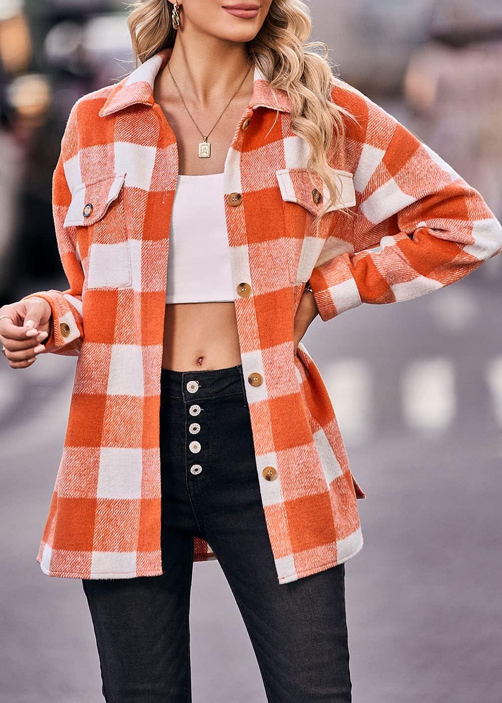 imagePRETTYGARDEN Womens Fall Clothes Plaid Shacket Jacket Trendy Casual Long Sleeve Button Down Flannel Shirts Fashion BlousePlaid Orange White
