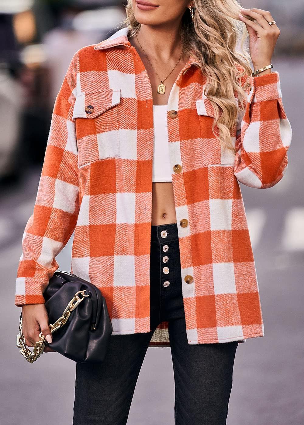 imagePRETTYGARDEN Womens Fall Clothes Plaid Shacket Jacket Trendy Casual Long Sleeve Button Down Flannel Shirts Fashion BlousePlaid Orange White