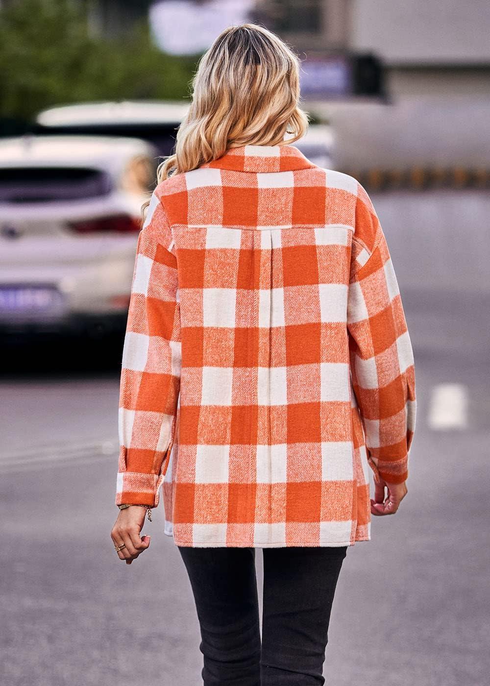imagePRETTYGARDEN Womens Fall Clothes Plaid Shacket Jacket Trendy Casual Long Sleeve Button Down Flannel Shirts Fashion BlousePlaid Orange White
