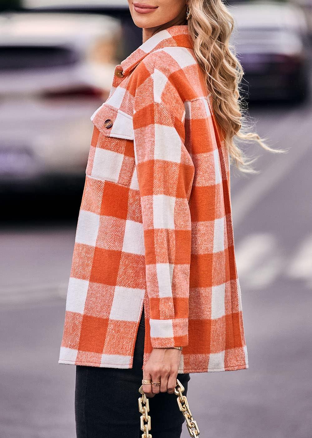 imagePRETTYGARDEN Womens Fall Clothes Plaid Shacket Jacket Trendy Casual Long Sleeve Button Down Flannel Shirts Fashion BlousePlaid Orange White