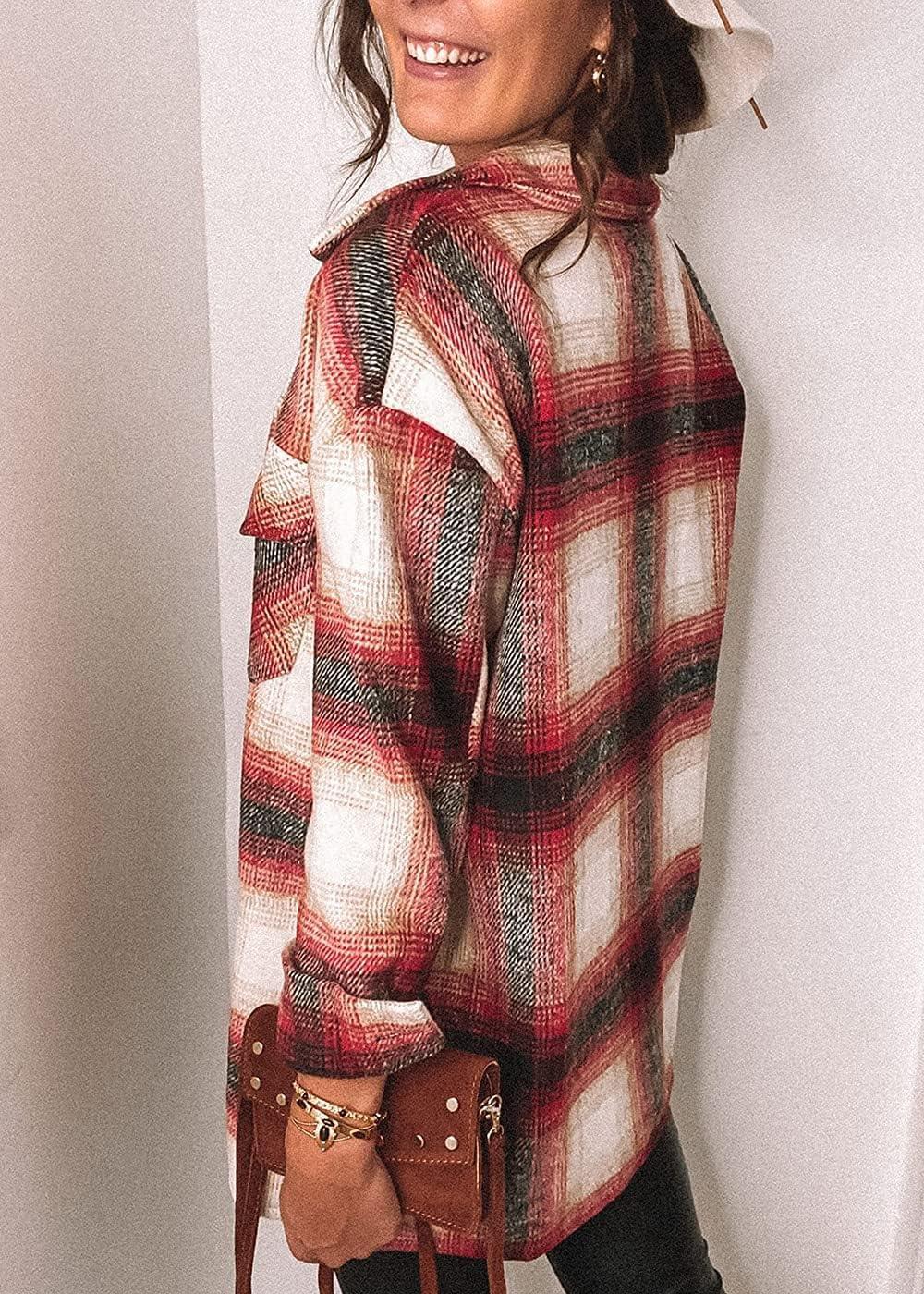imagePRETTYGARDEN Womens Fall Clothes Plaid Shacket Jacket Trendy Casual Long Sleeve Button Down Flannel Shirts Fashion BlouseRed