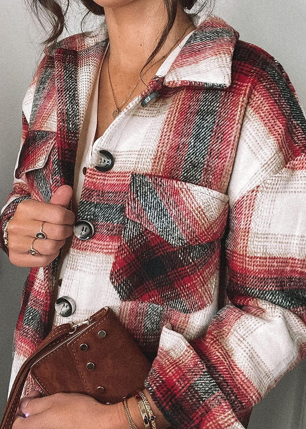 imagePRETTYGARDEN Womens Fall Clothes Plaid Shacket Jacket Trendy Casual Long Sleeve Button Down Flannel Shirts Fashion BlouseRed