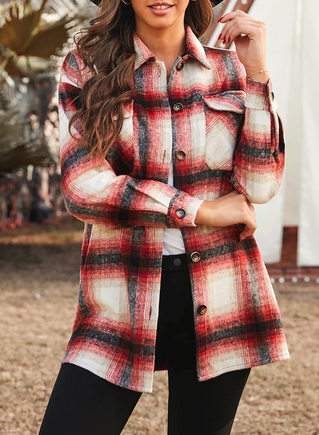 imagePRETTYGARDEN Womens Fall Clothes Plaid Shacket Jacket Trendy Casual Long Sleeve Button Down Flannel Shirts Fashion BlouseRed