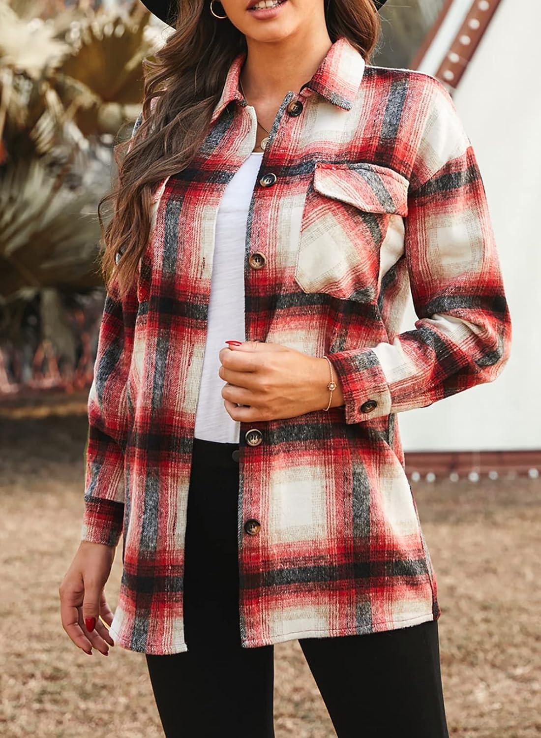 imagePRETTYGARDEN Womens Fall Clothes Plaid Shacket Jacket Trendy Casual Long Sleeve Button Down Flannel Shirts Fashion BlouseRed