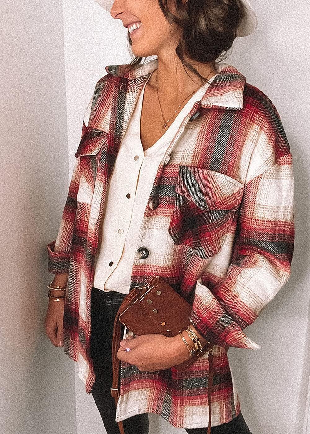 imagePRETTYGARDEN Womens Fall Clothes Plaid Shacket Jacket Trendy Casual Long Sleeve Button Down Flannel Shirts Fashion BlouseRed