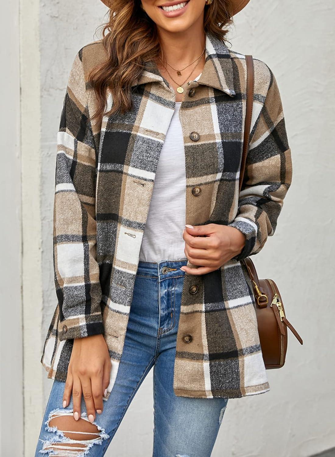 imagePRETTYGARDEN Womens Fall Clothes Plaid Shacket Jacket Trendy Casual Long Sleeve Button Down Flannel Shirts Fashion BlouseYellow