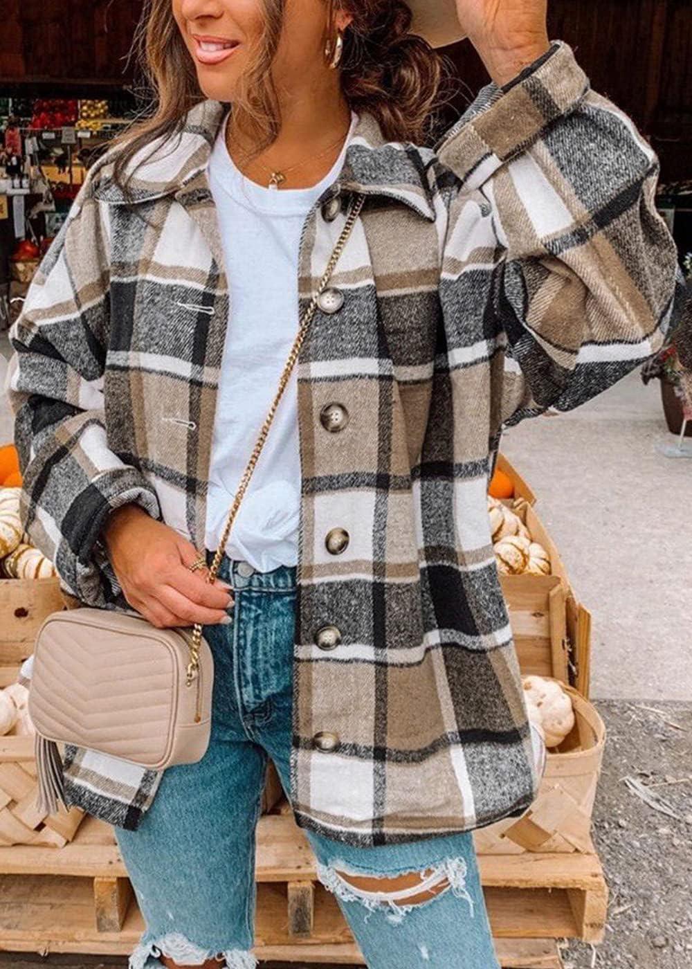 imagePRETTYGARDEN Womens Fall Clothes Plaid Shacket Jacket Trendy Casual Long Sleeve Button Down Flannel Shirts Fashion BlouseYellow