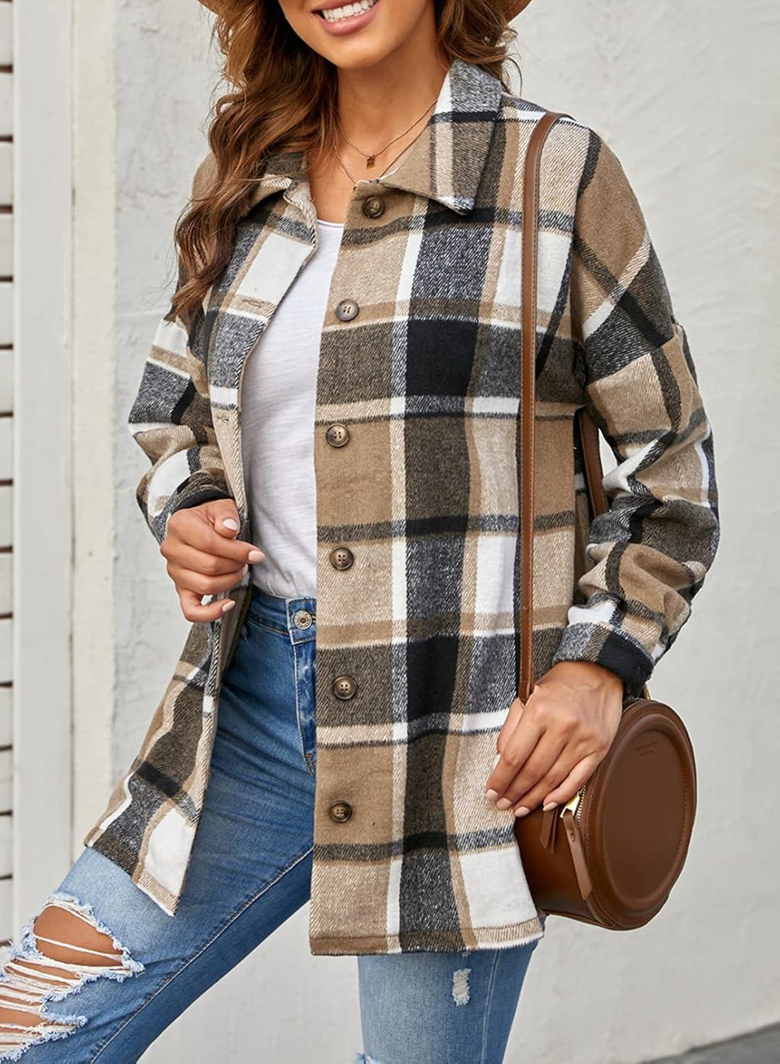 imagePRETTYGARDEN Womens Fall Clothes Plaid Shacket Jacket Trendy Casual Long Sleeve Button Down Flannel Shirts Fashion BlouseYellow