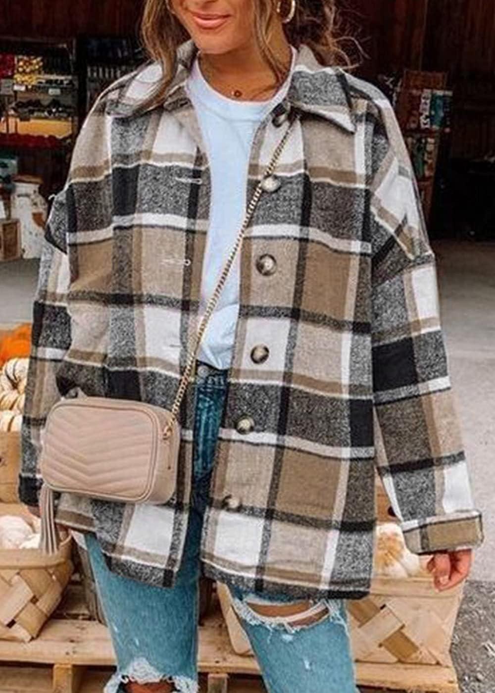 imagePRETTYGARDEN Womens Fall Clothes Plaid Shacket Jacket Trendy Casual Long Sleeve Button Down Flannel Shirts Fashion BlouseYellow