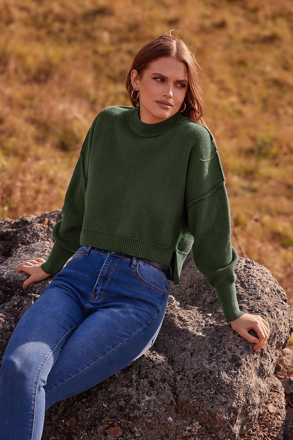imagePRETTYGARDEN Womens Fall Cropped Striped Sweaters Casual Long Sleeve Crewneck Pullover Oversized Winter Tops Jumper