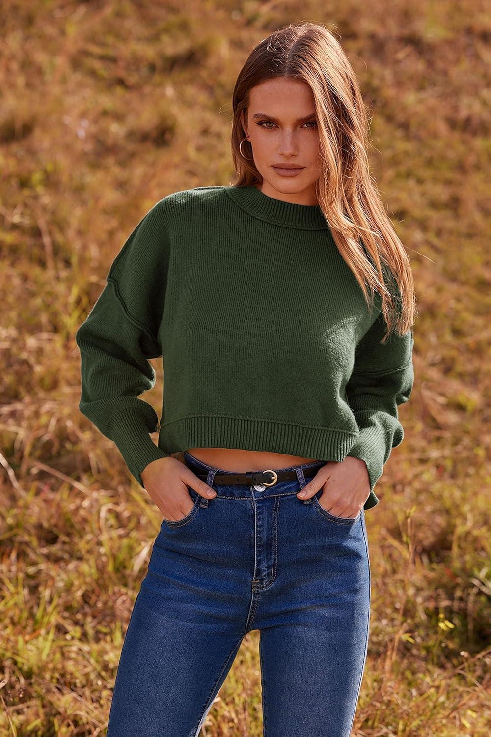 imagePRETTYGARDEN Womens Fall Cropped Striped Sweaters Casual Long Sleeve Crewneck Pullover Oversized Winter Tops Jumper