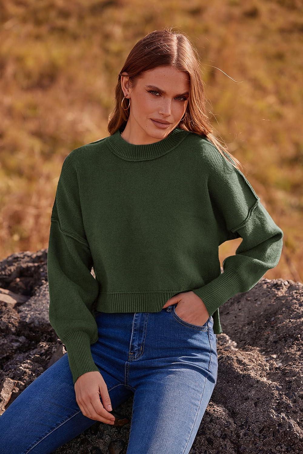 imagePRETTYGARDEN Womens Fall Cropped Striped Sweaters Casual Long Sleeve Crewneck Pullover Oversized Winter Tops Jumper