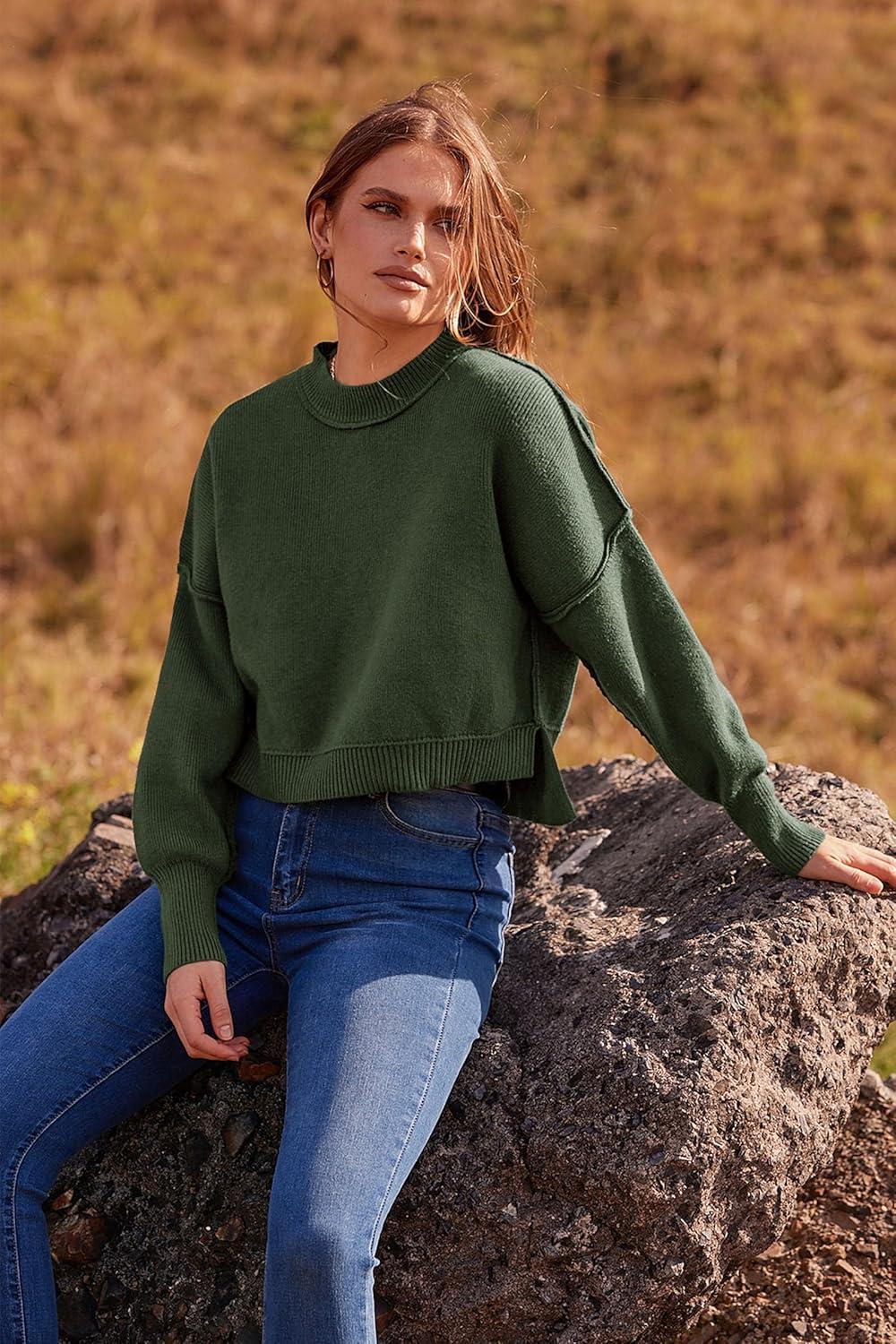 imagePRETTYGARDEN Womens Fall Cropped Striped Sweaters Casual Long Sleeve Crewneck Pullover Oversized Winter Tops Jumper