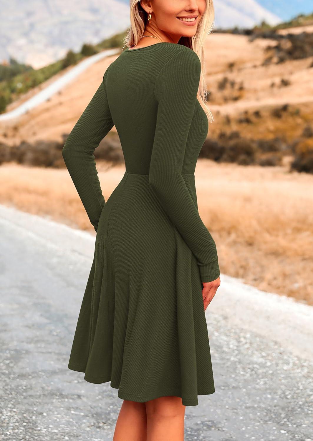 imagePRETTYGARDEN Womens Fall Short Dress Ribbed Knit Crewneck Long Sleeve A Line Flowy Casual Elegant Going Out Winter DressesArmy Green