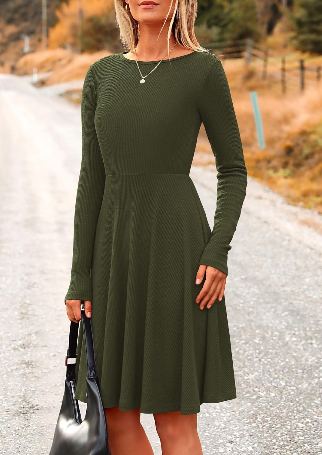 imagePRETTYGARDEN Womens Fall Short Dress Ribbed Knit Crewneck Long Sleeve A Line Flowy Casual Elegant Going Out Winter DressesArmy Green