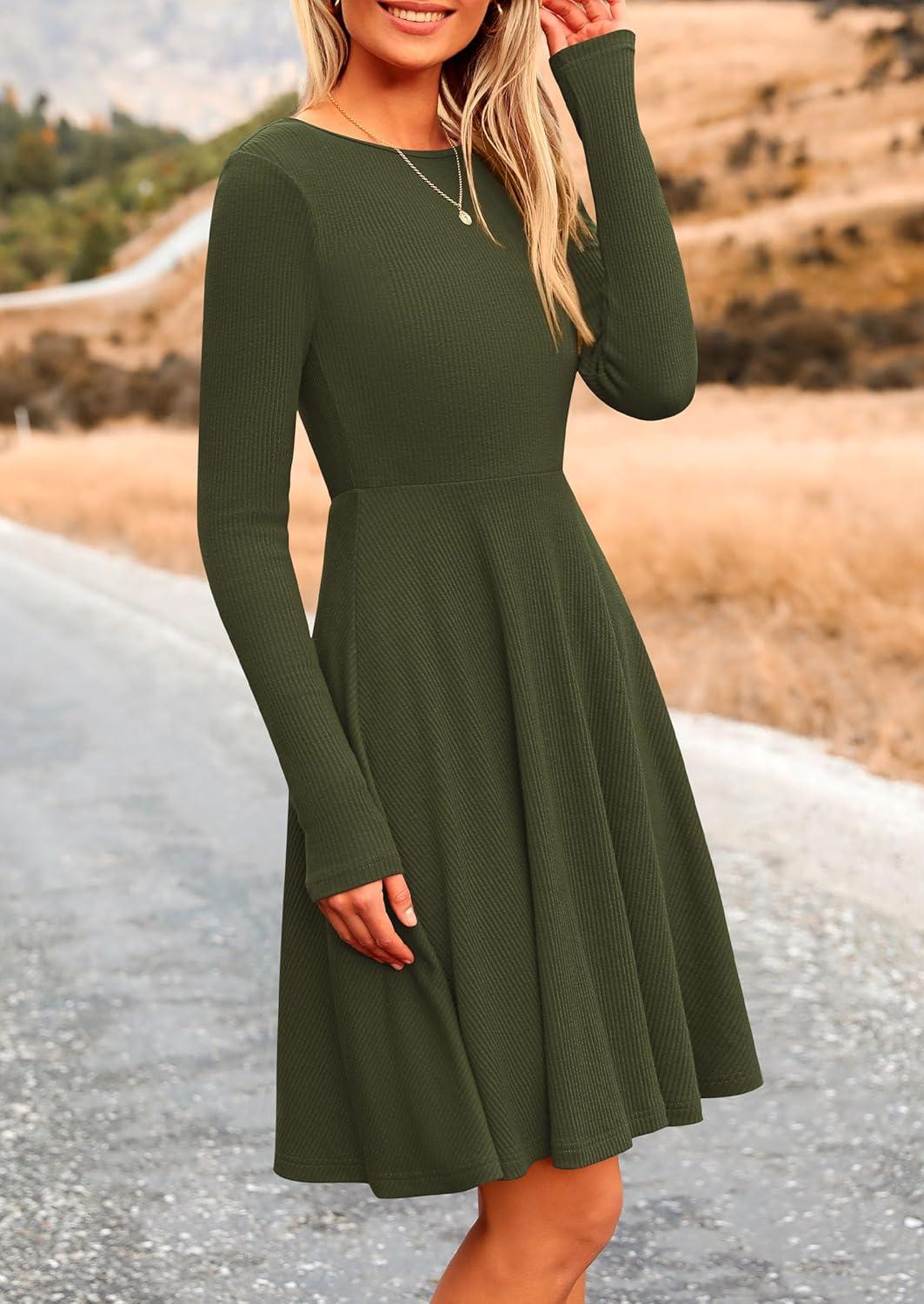 imagePRETTYGARDEN Womens Fall Short Dress Ribbed Knit Crewneck Long Sleeve A Line Flowy Casual Elegant Going Out Winter DressesArmy Green