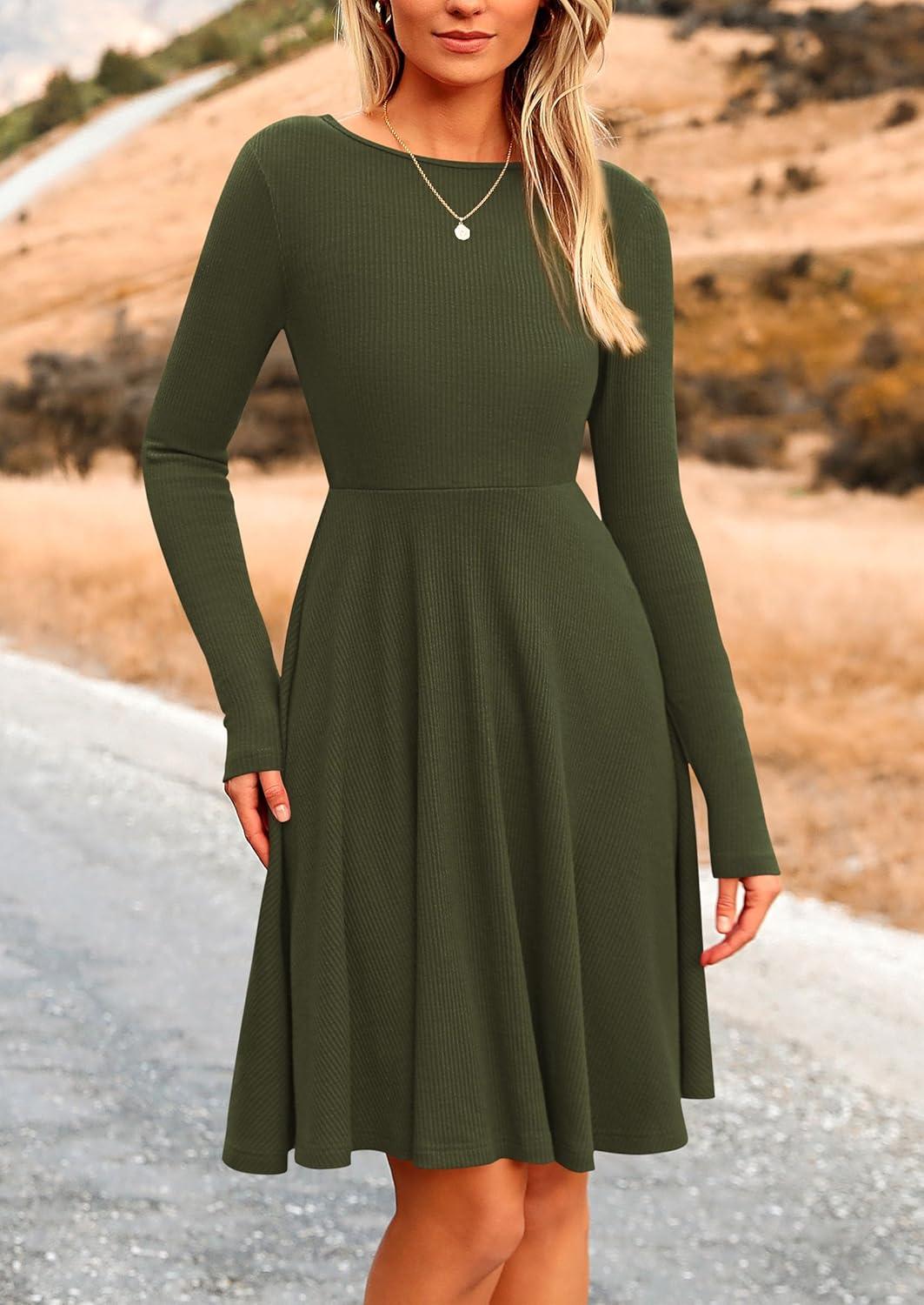 imagePRETTYGARDEN Womens Fall Short Dress Ribbed Knit Crewneck Long Sleeve A Line Flowy Casual Elegant Going Out Winter DressesArmy Green