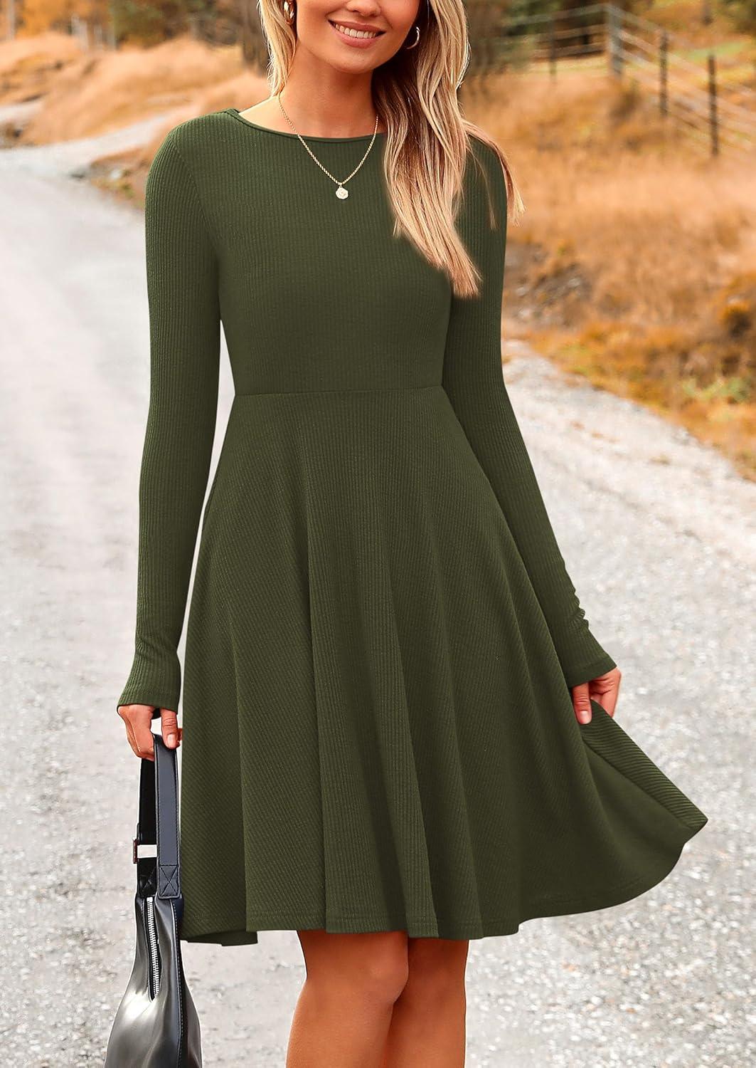 imagePRETTYGARDEN Womens Fall Short Dress Ribbed Knit Crewneck Long Sleeve A Line Flowy Casual Elegant Going Out Winter DressesArmy Green