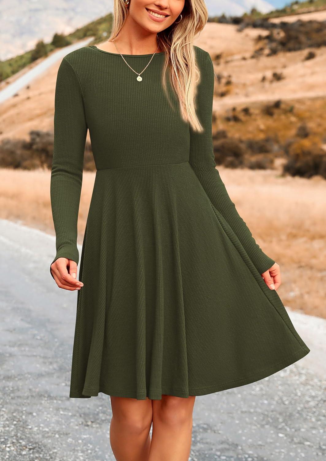 imagePRETTYGARDEN Womens Fall Short Dress Ribbed Knit Crewneck Long Sleeve A Line Flowy Casual Elegant Going Out Winter DressesArmy Green