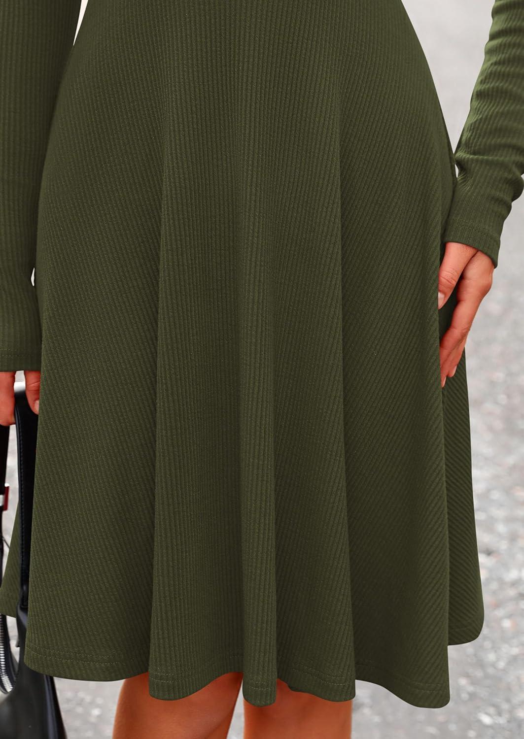 imagePRETTYGARDEN Womens Fall Short Dress Ribbed Knit Crewneck Long Sleeve A Line Flowy Casual Elegant Going Out Winter DressesArmy Green