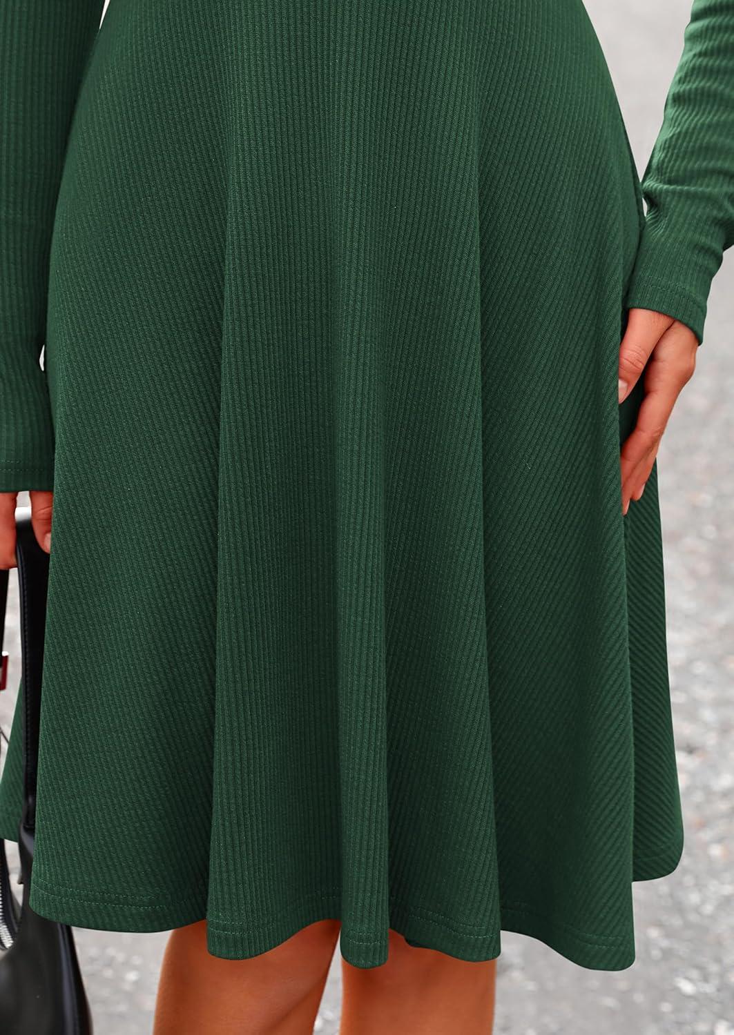 imagePRETTYGARDEN Womens Fall Short Dress Ribbed Knit Crewneck Long Sleeve A Line Flowy Casual Elegant Going Out Winter DressesDark Green