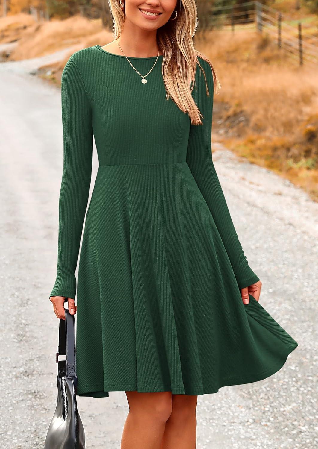 imagePRETTYGARDEN Womens Fall Short Dress Ribbed Knit Crewneck Long Sleeve A Line Flowy Casual Elegant Going Out Winter DressesDark Green