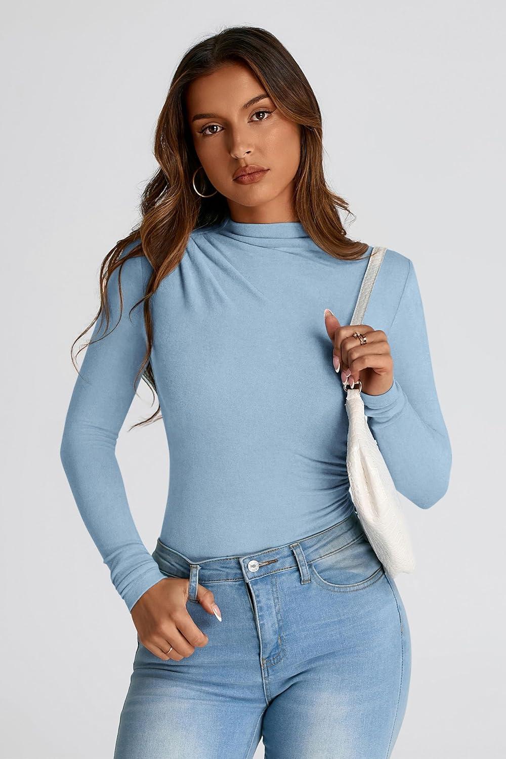 imagePRETTYGARDEN Womens Fall Y2K Going Out Crop Tops Long Sleeve Mock Neck Ruched Slim Fitted Basic Trendy Casual T Shirts Blouse BlueMedium