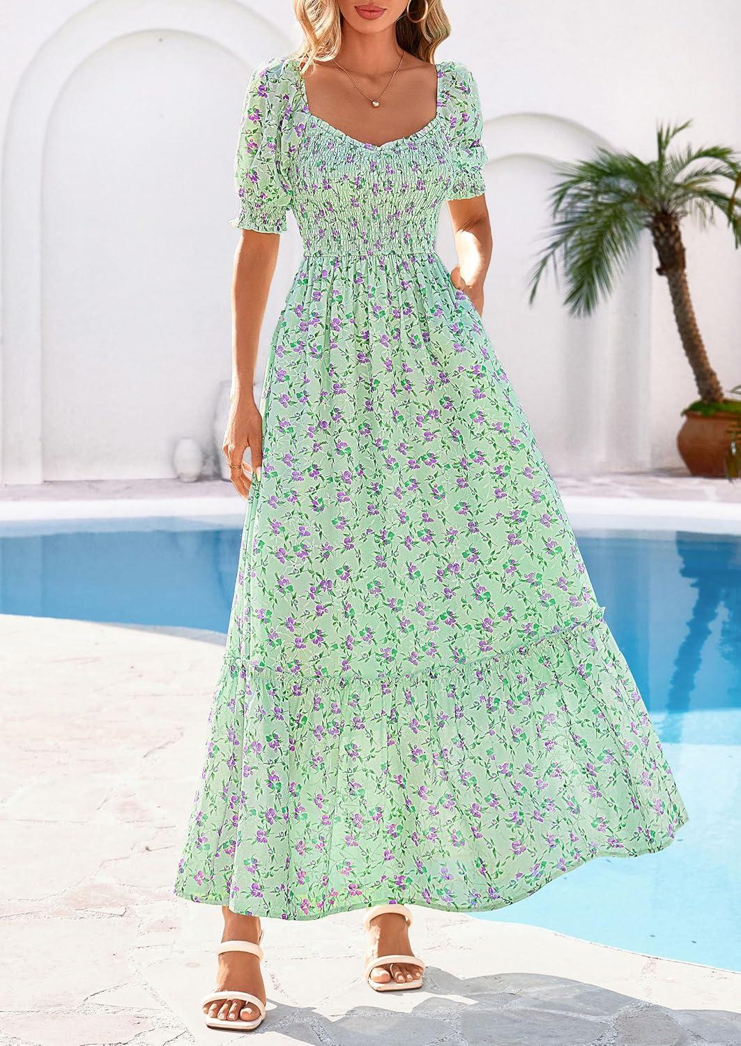 imagePRETTYGARDEN Womens Floral Boho Maxi Dresses Flowy Short Sleeve A Line Smocked Eyelet 2026 Summer Beach Vacation ClothesFloral Light Green