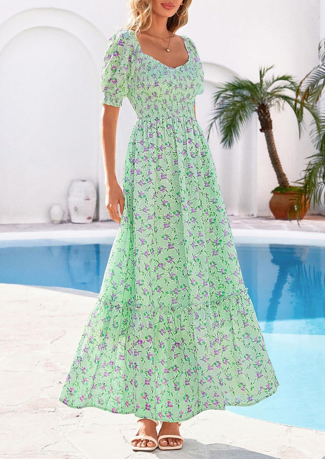 imagePRETTYGARDEN Womens Floral Boho Maxi Dresses Flowy Short Sleeve A Line Smocked Eyelet 2026 Summer Beach Vacation ClothesFloral Light Green